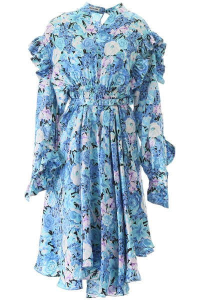 Shop Balenciaga Floral Print Silk Dress In Blue