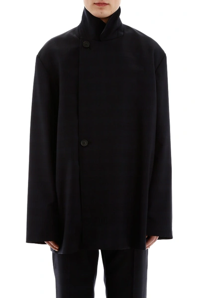 Shop Balenciaga Flap Jacket With Micro Check In Dark Navy