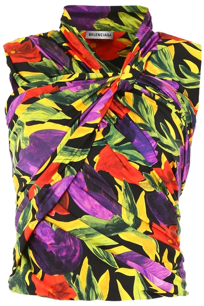 Shop Balenciaga Floral Printed Top In Purple Black