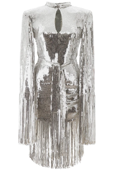 Shop Balmain Sequined Dress With Fringes In Argente