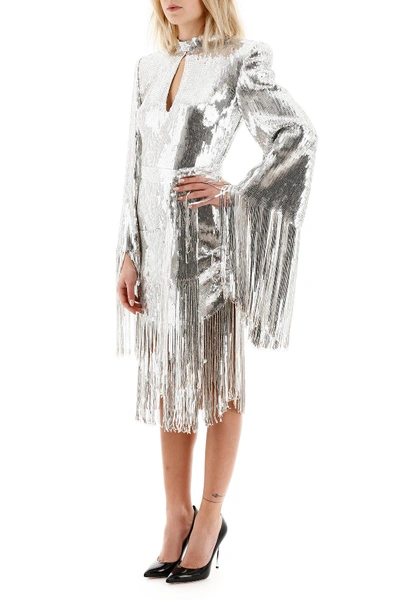 Shop Balmain Sequined Dress With Fringes In Argente