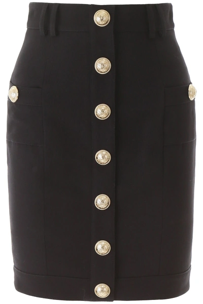 Shop Balmain Wool Buttoned Skirt In Noir