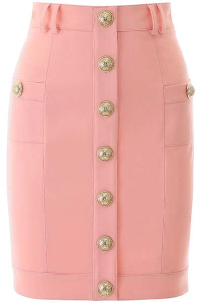 Shop Balmain Wool Buttoned Skirt In Rose Pale