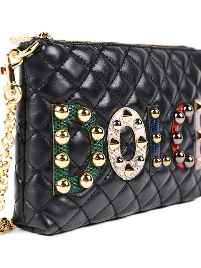 Shop Dolce & Gabbana Black Leather Clutch With Logo In Viola