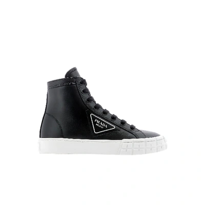 Shop Prada Black Leather Sneakers With Logo In Bianco