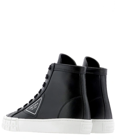 Shop Prada Black Leather Sneakers With Logo In Bianco