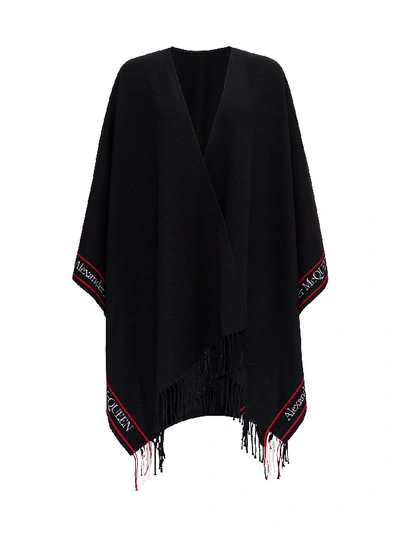 Shop Alexander Mcqueen Wool Blend Cape With Logoed Bands And Fringes In Black