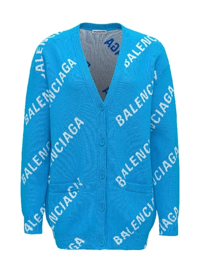 Shop Balenciaga Cardigan With Allover Jacquard Logo In Light Blue