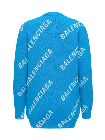 Shop Balenciaga Cardigan With Allover Jacquard Logo In Light Blue