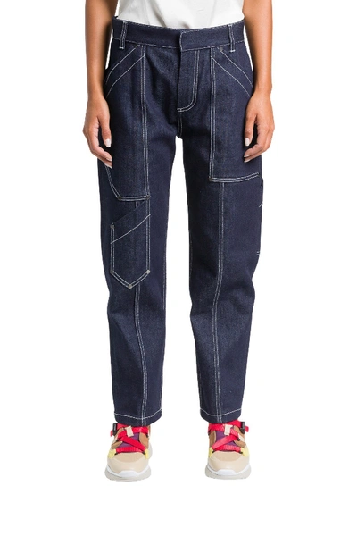Shop Chloé Cargo Jeans With White Stitching In Blu