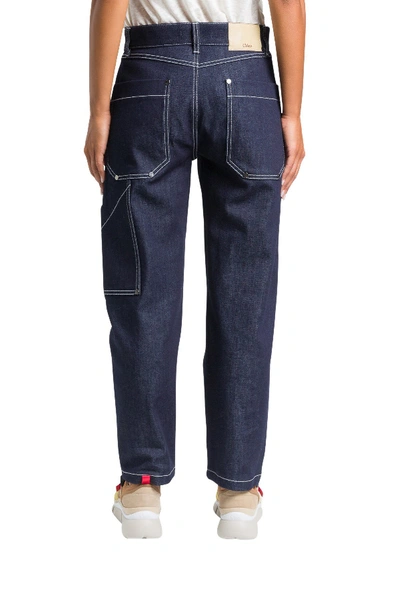 Shop Chloé Cargo Jeans With White Stitching In Blu