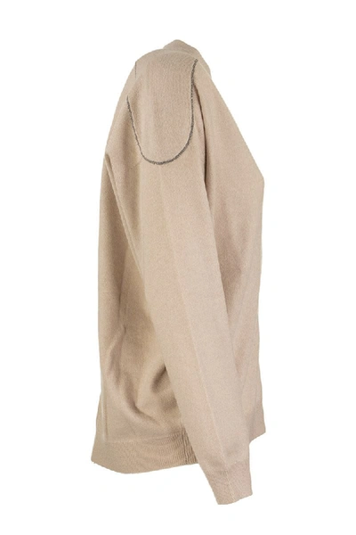 Shop Brunello Cucinelli Cashmere Cardigan With Shiny Shoulder Embroidery In Beige