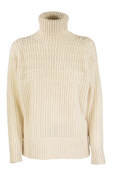 Shop Agnona Cashmere Turtleneck Sweater Mixed Points In Ivory