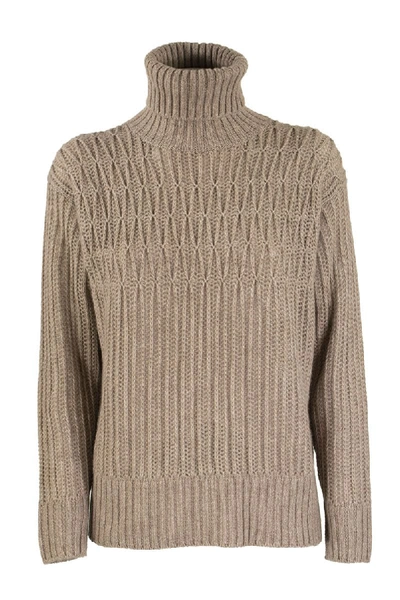 Shop Agnona Cashmere Turtleneck Sweater Mixed Points In Beige