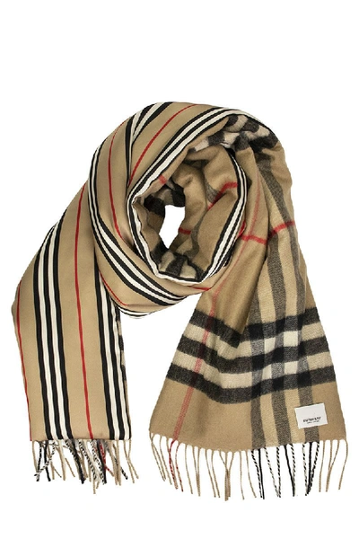 Shop Burberry Check And Icon Stripe Scarf In Archive Beige