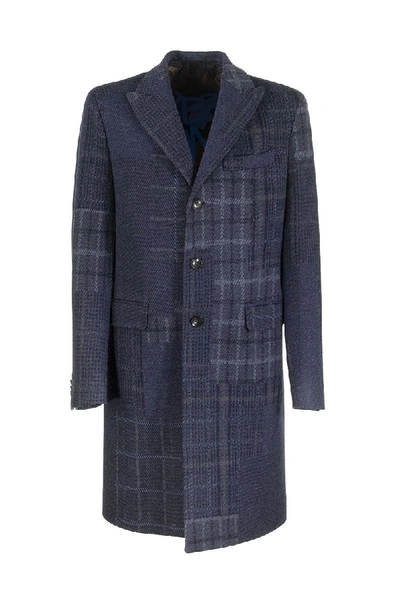 Shop Etro Check Patchwork Wool Overcoat In Navy Blue