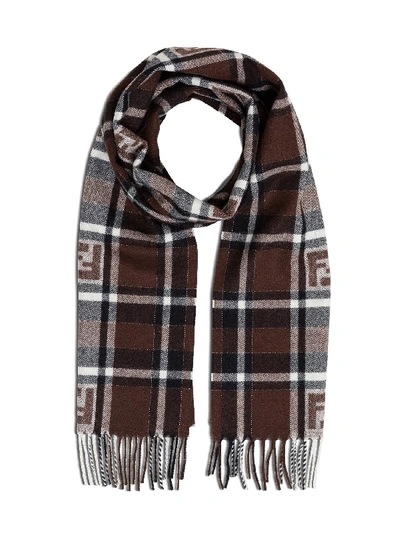 Shop Fendi Check Scarf With Logo In Brown