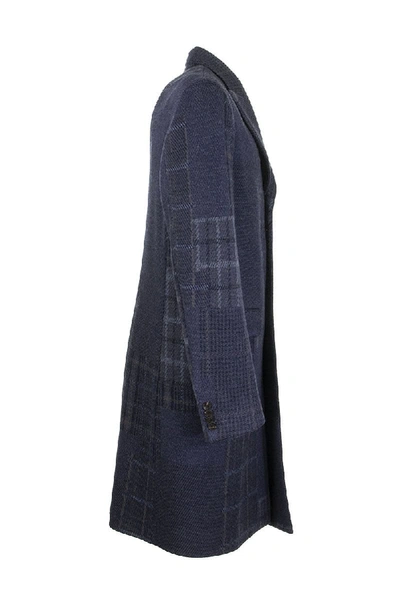 Shop Etro Check Patchwork Wool Overcoat In Navy Blue