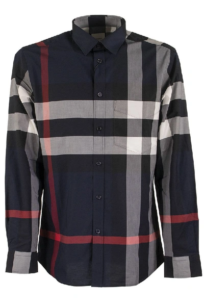 Shop Burberry Check Stretch Cotton Poplin Shirt In Navy