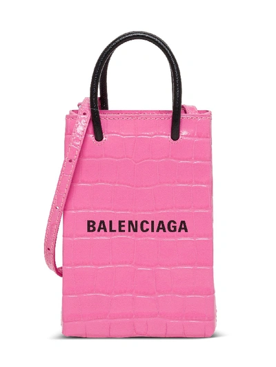 Shop Balenciaga Croco Printed Shopping Crossbody Bag In Pink