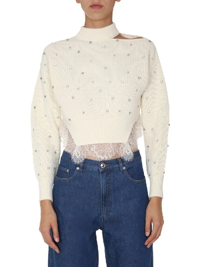 Shop Self-portrait Cropped Sweater In White