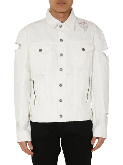 Balmain Distressed Logo Print Denim Jacket In White | ModeSens