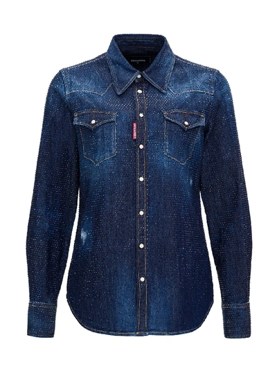 Shop Dsquared2 Crystal Western Denim Shirt In Blu