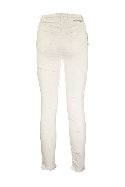 Shop Elisabetta Franchi Denim Trousers With Charms Ivory
