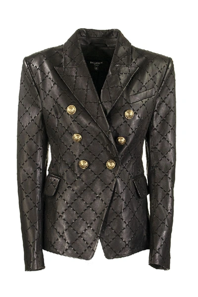 Shop Balmain Diamond Jacket Black Leather Blazer With Diamond-shaped Stitching