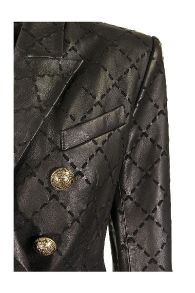 Shop Balmain Diamond Jacket Black Leather Blazer With Diamond-shaped Stitching