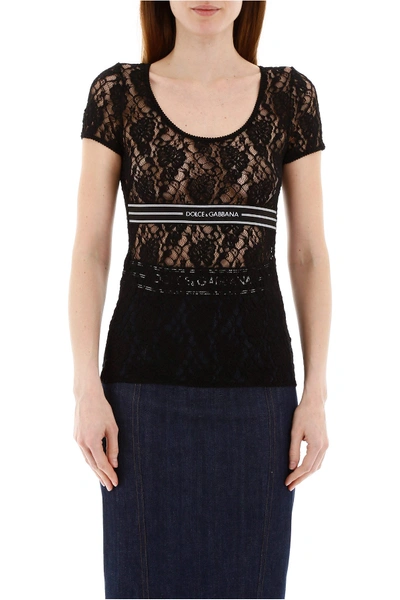 Shop Dolce & Gabbana Lace T-shirt With Logo In Nero