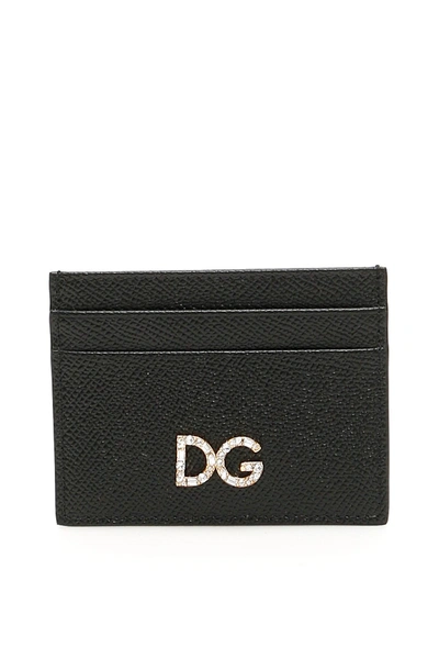 Shop Dolce & Gabbana Leather Cardholder With Crystal Dg In Nero