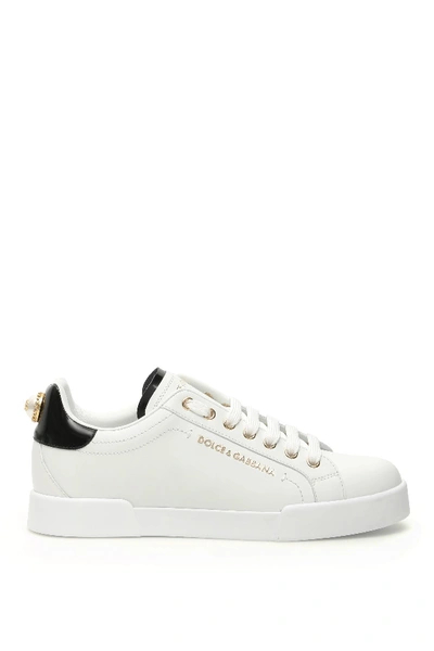 Shop Dolce & Gabbana Portofino Leather Sneakers Dg Pearl In Bianco Oro