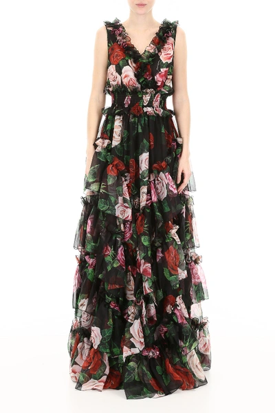 Shop Dolce & Gabbana Rose Print Dress In Mix Rose Fdo Nero