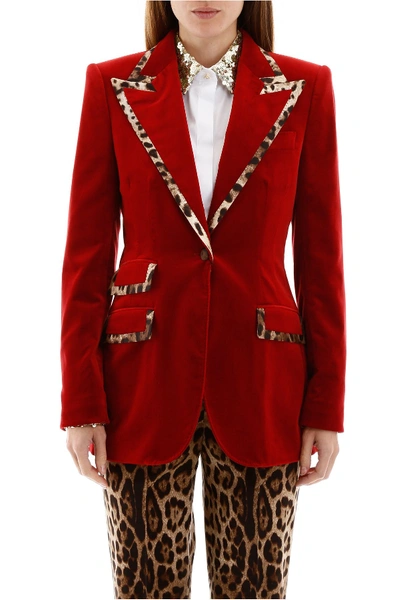 Shop Dolce & Gabbana Velvet Blazer With Animalier Hems In Rosso Sangue Scuro