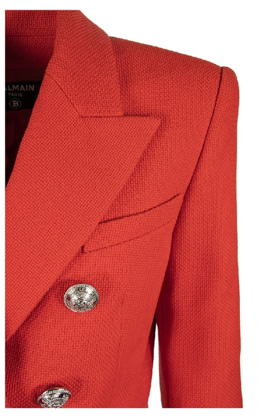 Shop Balmain Double Breasted Blazer Jacket In Orange Red