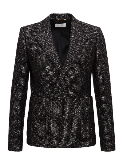 Shop Saint Laurent Double-breasted Tweed Coat In Black