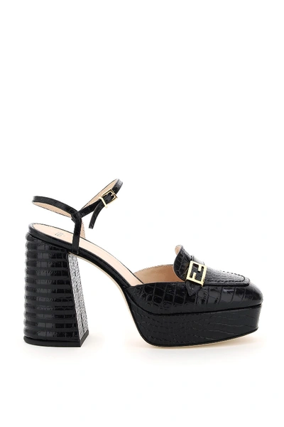 Shop Fendi Promenade Heeled Slingback Loafers In Nero