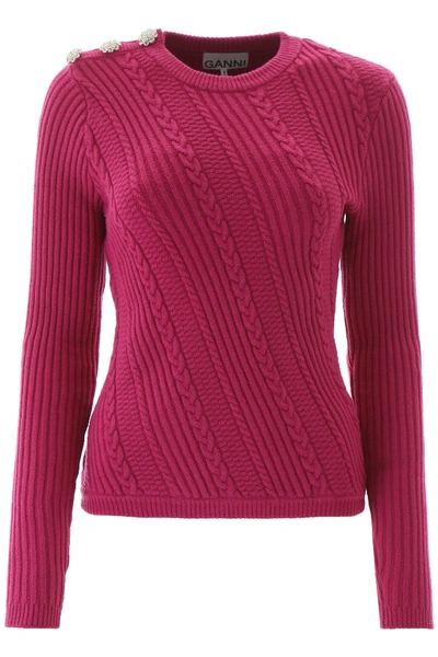 Shop Ganni Crystal Button Pullover In Fuchsia Red