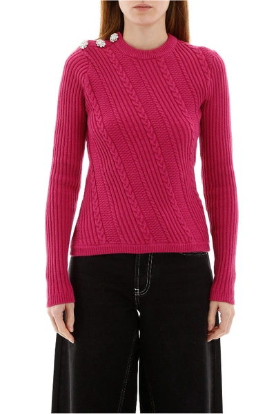 Shop Ganni Crystal Button Pullover In Fuchsia Red
