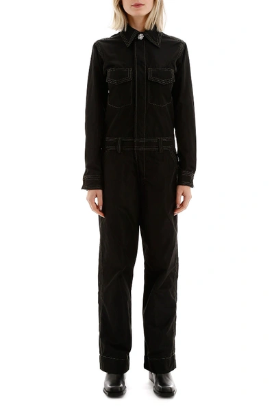 Shop Ganni Jumpsuit With Embellished Button In Black