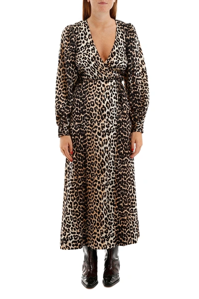Shop Ganni Leopard-printed Wrap Dress