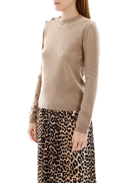 Shop Ganni Pullover With Crystal Buttons In Tannin