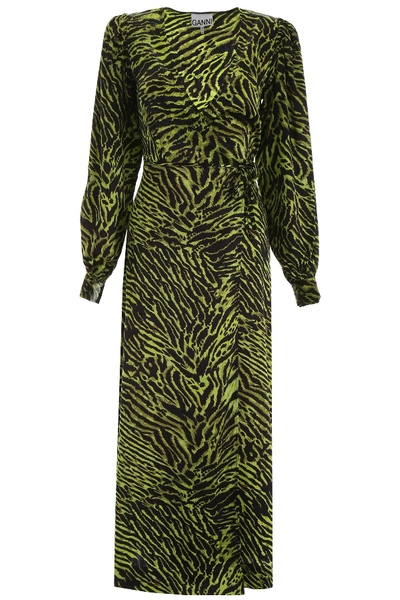 Shop Ganni Zebra-printed Wrap Dress In Lime Black