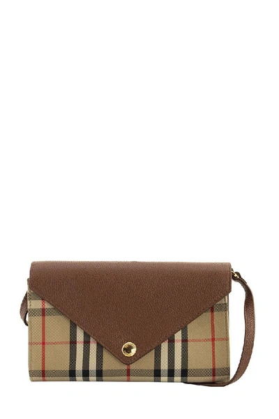 Shop Burberry Hanna Vintage Check And Leather Wallet With Detachable Strap In Tan