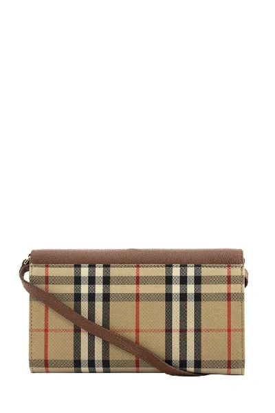 Shop Burberry Hanna Vintage Check And Leather Wallet With Detachable Strap In Tan