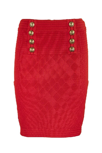 Shop Balmain High-waisted Double-buttoned Red Knit Skirt