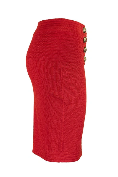 Shop Balmain High-waisted Double-buttoned Red Knit Skirt