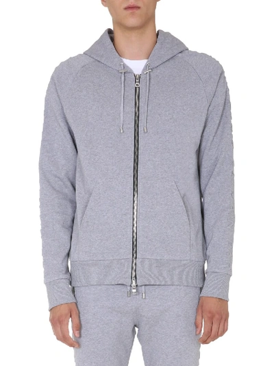 Shop Balmain Hooded Sweatshirt With Zip In Grey