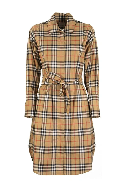 Shop Burberry Isotto Vintage Check Cotton Tie-waist Shirt Dress In Antique Yellow